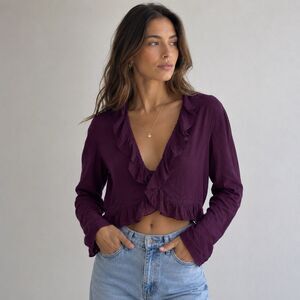 Harve Benard Linen Blend Ruffle Front Cropped Cardigan Purple Preppy Sz 10
